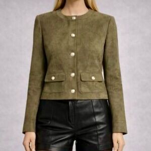 INDUSTRY Gold Buttoned Olive Green Faux Suede Jacket Size Small NWT Lightweight